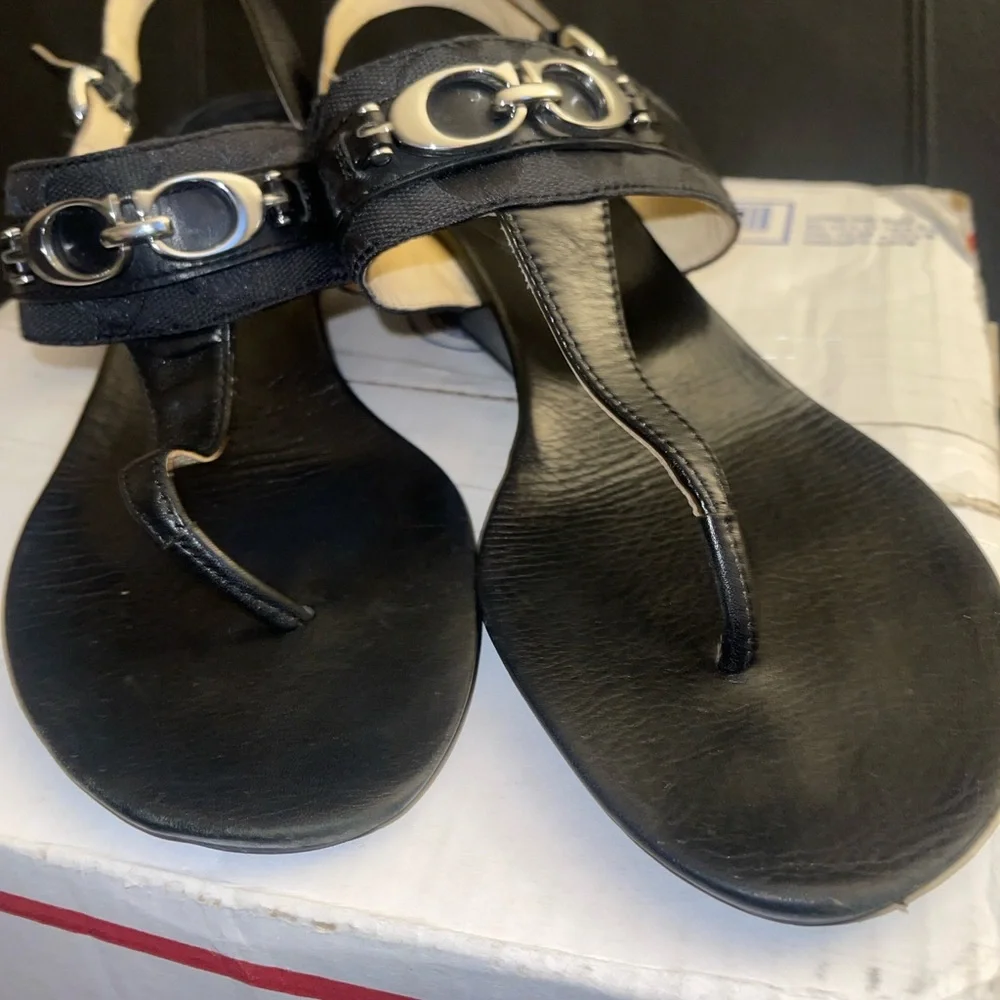 Coach Despina Black Thong Wedge Sandals with Silver Hardware Size 10B